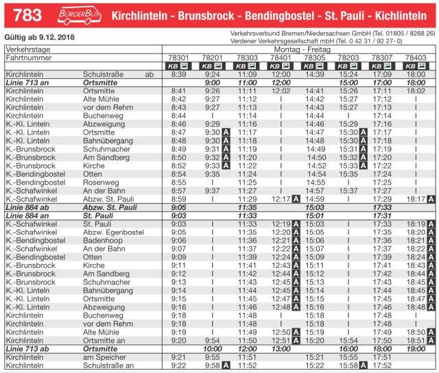 Fahrplan der Linie 783
